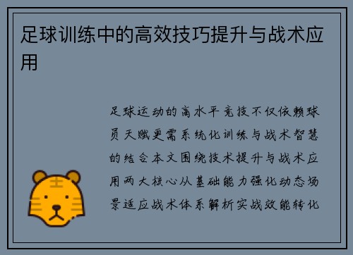 足球训练中的高效技巧提升与战术应用