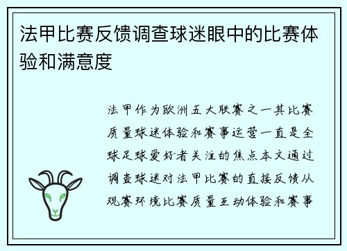 法甲比赛反馈调查球迷眼中的比赛体验和满意度